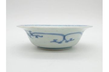 江戸期　古伊万里　染付　二重角福　渦福　松竹草花風景図　約15cm　5寸　優しい図柄が上品な深皿3枚セット(五寸、鉢、和食器、和皿)(R-076819)