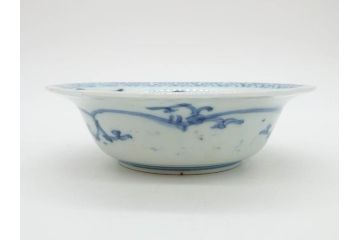 江戸期　古伊万里　染付　二重角福　渦福　松竹草花風景図　約15cm　5寸　優しい図柄が上品な深皿3枚セット(五寸、鉢、和食器、和皿)(R-076819)