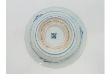 江戸期　古伊万里　染付　二重角福　渦福　松竹草花風景図　約15cm　5寸　優しい図柄が上品な深皿3枚セット(五寸、鉢、和食器、和皿)(R-076819)