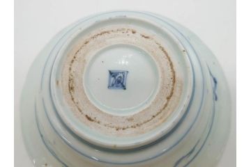 江戸期　古伊万里　染付　二重角福　渦福　松竹草花風景図　約15cm　5寸　優しい図柄が上品な深皿3枚セット(五寸、鉢、和食器、和皿)(R-076819)