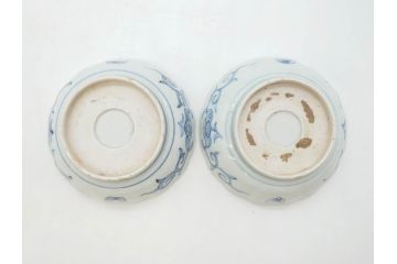 幕末期　古伊万里　輪花型　線描き　草花図　約15cm　4.9寸　手描きのあたたかみが魅力のなます皿2枚セット(中皿、和皿、和食器、四寸九分)(R-076820)
