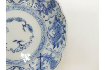 幕末期　古伊万里　輪花型　線描き　草花図　約15cm　4.9寸　手描きのあたたかみが魅力のなます皿2枚セット(中皿、和皿、和食器、四寸九分)(R-076820)