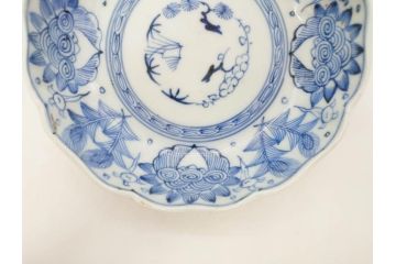 幕末期　古伊万里　輪花型　線描き　草花図　約15cm　4.9寸　手描きのあたたかみが魅力のなます皿2枚セット(中皿、和皿、和食器、四寸九分)(R-076820)