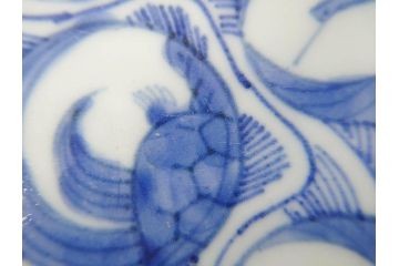 江戸期　古伊万里　染付　鶴亀図　輪花皿　約11cm　3.6寸　縁起の良い図柄が描かれた変形皿4枚セット(小皿、豆皿、和皿、和食器、三寸六分)(R-076851)