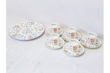 イギリス　MINTON(ミントン)　HADDON HALL(ハドンホール)　ブルー・グリーン　華やかな色彩が目を惹くコーヒーカップ&ソーサー5客&プレートセット(BONE CHINA、ボーンチャイナ、C&S、洋食器、英国)(R-076852)
