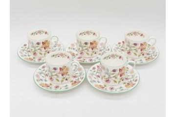 イギリス　MINTON(ミントン)　HADDON HALL(ハドンホール)　ブルー・グリーン　華やかな色彩が目を惹くコーヒーカップ&ソーサー5客&プレートセット(BONE CHINA、ボーンチャイナ、C&S、洋食器、英国)(R-076852)