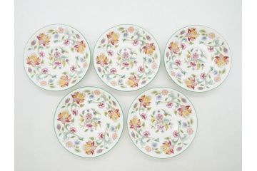 イギリス　MINTON(ミントン)　HADDON HALL(ハドンホール)　ブルー・グリーン　華やかな色彩が目を惹くコーヒーカップ&ソーサー5客&プレートセット(BONE CHINA、ボーンチャイナ、C&S、洋食器、英国)(R-076852)