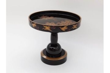 明治〜大正期　鶴松図　蒔絵　上品な和を演出する高杯(たかつき)(木製、菓子器、漆器、高月、盛器)(R-076861)