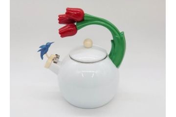 ハミングバード&チューリップ　置くだけで絵になる可愛らしいホーローケトル(やかん、琺瑯、ティーケトル、ハチドリ、青い鳥、花、キッチン雑貨、Tulips And Blue Humming Bird)(R-076863)