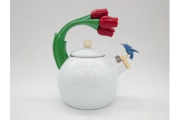 ハミングバード&チューリップ　置くだけで絵になる可愛らしいホーローケトル(やかん、琺瑯、ティーケトル、ハチドリ、青い鳥、花、キッチン雑貨、Tulips And Blue Humming Bird)(R-076863)
