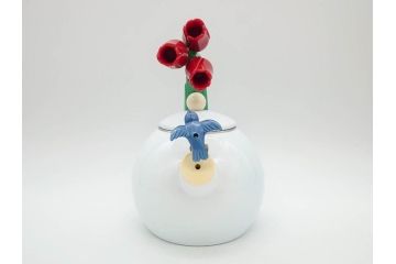 ハミングバード&チューリップ　置くだけで絵になる可愛らしいホーローケトル(やかん、琺瑯、ティーケトル、ハチドリ、青い鳥、花、キッチン雑貨、Tulips And Blue Humming Bird)(R-076863)