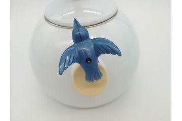 ハミングバード&チューリップ　置くだけで絵になる可愛らしいホーローケトル(やかん、琺瑯、ティーケトル、ハチドリ、青い鳥、花、キッチン雑貨、Tulips And Blue Humming Bird)(R-076863)