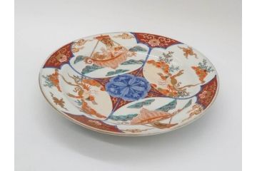 江戸後期　大明成化年製　色絵　染付　1尺　約31cm　宝船・寿・鳳凰図　華やかな色使いが素敵な大皿(尺皿、和皿、和食器、一尺)(R-076864)