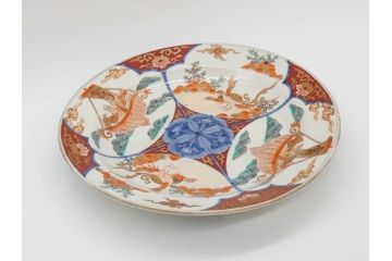 江戸後期　大明成化年製　色絵　染付　1尺　約31cm　宝船・寿・鳳凰図　華やかな色使いが素敵な大皿(尺皿、和皿、和食器、一尺)(R-076864)