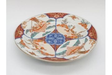 江戸後期　大明成化年製　色絵　染付　1尺　約31cm　宝船・寿・鳳凰図　華やかな色使いが素敵な大皿(尺皿、和皿、和食器、一尺)(R-076864)