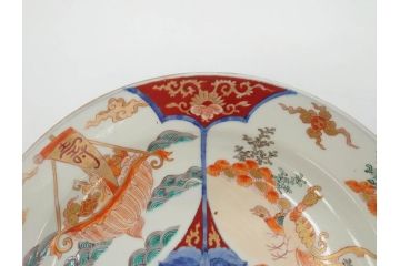 江戸後期　大明成化年製　色絵　染付　1尺　約31cm　宝船・寿・鳳凰図　華やかな色使いが素敵な大皿(尺皿、和皿、和食器、一尺)(R-076864)