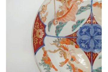 江戸後期　大明成化年製　色絵　染付　1尺　約31cm　宝船・寿・鳳凰図　華やかな色使いが素敵な大皿(尺皿、和皿、和食器、一尺)(R-076864)