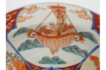 江戸後期　大明成化年製　色絵　染付　1尺　約31cm　宝船・寿・鳳凰図　華やかな色使いが素敵な大皿(尺皿、和皿、和食器、一尺)(R-076864)