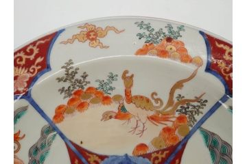 江戸後期　大明成化年製　色絵　染付　1尺　約31cm　宝船・寿・鳳凰図　華やかな色使いが素敵な大皿(尺皿、和皿、和食器、一尺)(R-076864)