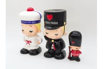内藤ルネ(RUNE)　ルネの陶器　レトロでかわいい貯金箱3点セット(I AM A SAILOR-BOY、I LOVE PARIS、置物、陶器人形、コインバンク)(R-076870)