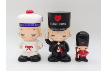 内藤ルネ(RUNE)　ルネの陶器　レトロでかわいい貯金箱3点セット(I AM A SAILOR-BOY、I LOVE PARIS、置物、陶器人形、コインバンク)(R-076870)