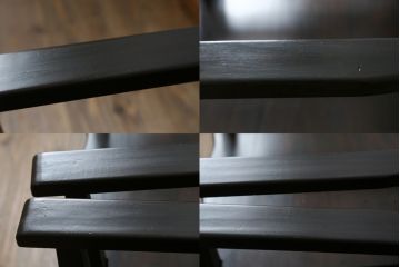 和製ビンテージ　軽井沢彫り　和モダンな佇まいが魅力的な低座アームチェア2脚セット(板座チェア、ダイニングチェア、低座椅子、低座イス、ヴィンテージ)(R-076881)