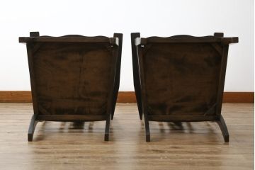 和製ビンテージ　軽井沢彫り　和モダンな佇まいが魅力的な低座アームチェア2脚セット(板座チェア、ダイニングチェア、低座椅子、低座イス、ヴィンテージ)(R-076881)