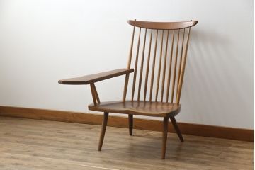 和製ヴィンテージ　小田急ハルク購入　ジョージナカシマ　LOUNGE ARM(ラウンジアーム)　One Arm(ワンアーム、片肘)　CN103　当時のパンフレット付き!!モダンに洗練された右アーム付きラウンジチェア(ジョージ・ナカシマ、アームチェア、イス、椅子、板座チェア、ビンテージ)(R-076882)