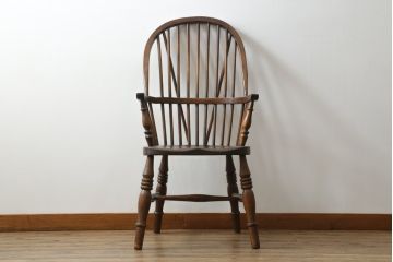 イギリスアンティーク　エルム材　美しい木目が魅力的なダブルボウバックウインザーアームチェア(ウィンザーチェア、ウインザーチェア、板座チェア、ダイニングチェア、椅子、イス、英国)(R-076887)