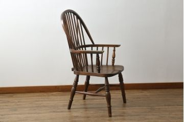 イギリスアンティーク　エルム材　美しい木目が魅力的なダブルボウバックウインザーアームチェア(ウィンザーチェア、ウインザーチェア、板座チェア、ダイニングチェア、椅子、イス、英国)(R-076887)