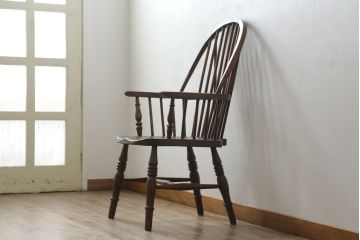イギリスアンティーク　エルム材　美しい木目が魅力的なダブルボウバックウインザーアームチェア(ウィンザーチェア、ウインザーチェア、板座チェア、ダイニングチェア、椅子、イス、英国)(R-076887)