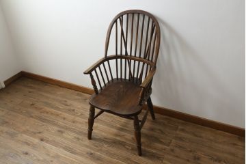 イギリスアンティーク　エルム材　美しい木目が魅力的なダブルボウバックウインザーアームチェア(ウィンザーチェア、ウインザーチェア、板座チェア、ダイニングチェア、椅子、イス、英国)(R-076887)