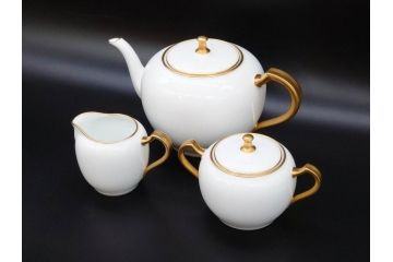 大倉陶園(OKURA、OAC)　オールド大倉　ゴールドライン　シンプルな中にも気品が溢れるティーポット&シュガーポット&クリーマー3点セット(ミルクジャー、ミルクポット、ボンボン入れ、洋食器、白磁、金彩)(R-076904)