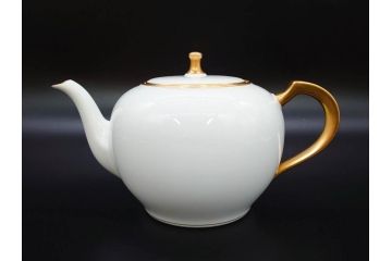 大倉陶園(OKURA、OAC)　オールド大倉　ゴールドライン　シンプルな中にも気品が溢れるティーポット&シュガーポット&クリーマー3点セット(ミルクジャー、ミルクポット、ボンボン入れ、洋食器、白磁、金彩)(R-076904)
