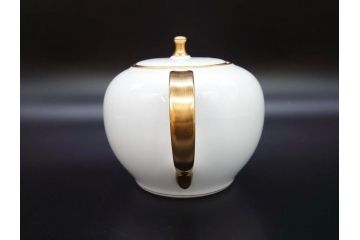 大倉陶園(OKURA、OAC)　オールド大倉　ゴールドライン　シンプルな中にも気品が溢れるティーポット&シュガーポット&クリーマー3点セット(ミルクジャー、ミルクポット、ボンボン入れ、洋食器、白磁、金彩)(R-076904)