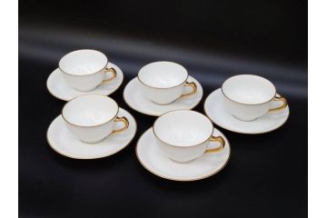 大倉陶園(OKURA、OAC)　オールド大倉　ゴールドライン　ゴールドが凛とした美しさを漂わせるティーカップ&ソーサー5客セット(C&S、洋食器、白磁、金彩)(R-076906)