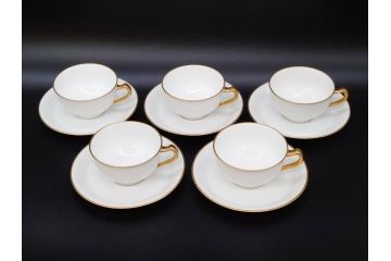 大倉陶園(OKURA、OAC)　オールド大倉　ゴールドライン　ゴールドが凛とした美しさを漂わせるティーカップ&ソーサー5客セット(C&S、洋食器、白磁、金彩)(R-076906)
