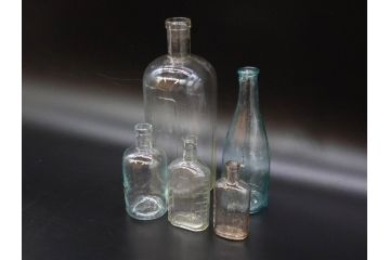 大正〜昭和初期　ノスタルジックなボトル瓶5点セット(ガラスビン、ガラス瓶、硝子、薬瓶、花瓶、花入、花器)(R-076914)