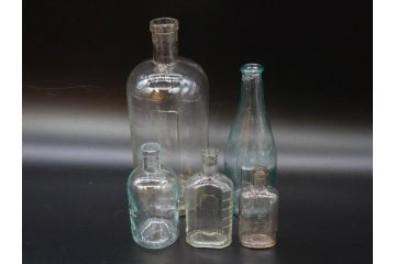 大正〜昭和初期　ノスタルジックなボトル瓶5点セット(ガラスビン、ガラス瓶、硝子、薬瓶、花瓶、花入、花器)(R-076914)