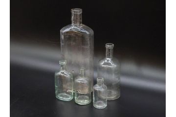 大正〜昭和初期　お部屋のアクセントになるボトル瓶5点セット(ガラスビン、ガラス瓶、硝子、薬瓶、花瓶、花入、花器)(R-076915)