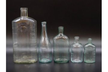 大正〜昭和初期　レトロな風情を感じるボトル瓶5点セット(ガラスビン、ガラス瓶、硝子、薬瓶、花瓶、花入、花器)(R-076944)