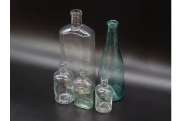 大正〜昭和初期　歴史を重ねた趣のあるボトル瓶5点セット(ガラスビン、ガラス瓶、硝子、薬瓶、花瓶、花入、花器)(R-076945)