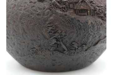 時代物　亀文堂　獣口　家屋風景図　長い歴史を刻んだ趣ある鉄瓶(湯沸、湯瓶、茶道具、茶器)(R-076993)