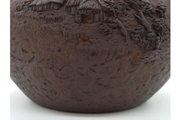 時代物　亀文堂　獣口　家屋風景図　長い歴史を刻んだ趣ある鉄瓶(湯沸、湯瓶、茶道具、茶器)(R-076993)