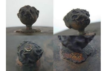 時代物　亀文堂　獣口　家屋風景図　長い歴史を刻んだ趣ある鉄瓶(湯沸、湯瓶、茶道具、茶器)(R-076993)