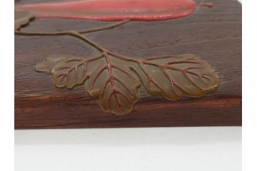明治〜大正期　漆芸家　金城一国斎　桐製　鎌倉彫　根来塗り　糸瓜紋　高盛絵　へちまの彫りが目を引く木製の硯箱(水滴、水指し、書道具、小箱、木箱、ヘチマ)(R-076995)