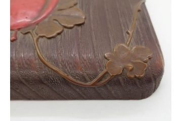 明治〜大正期　漆芸家　金城一国斎　桐製　鎌倉彫　根来塗り　糸瓜紋　高盛絵　へちまの彫りが目を引く木製の硯箱(水滴、水指し、書道具、小箱、木箱、ヘチマ)(R-076995)