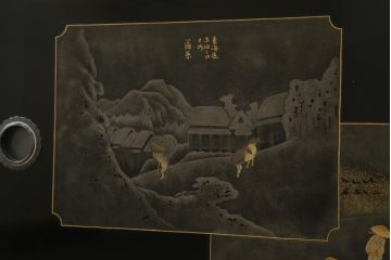 中古　美品　輪島塗り　東海道五十三次　和の趣溢れる風景画が目を惹く飾り棚(茶棚、収納棚、戸棚、サイドボード)(R-077024)