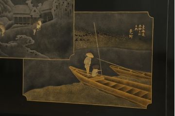 中古　美品　輪島塗り　東海道五十三次　和の趣溢れる風景画が目を惹く飾り棚(茶棚、収納棚、戸棚、サイドボード)(R-077024)