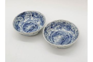 江戸期　上手物　古伊万里　染付　二重角福　渦福　鳳凰山水文　約15cm　4.8寸　なます皿2枚セット(中皿、和皿、和食器、四寸八分)(R-077086)